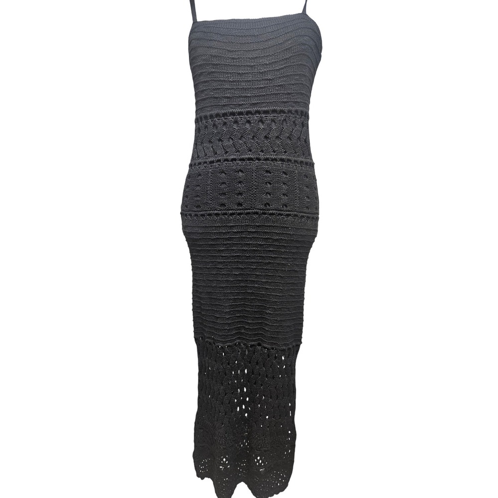 Arizona Jean Co Womens Black Crochet Maxi Dress Sleeveless Knit Side Slit Size M